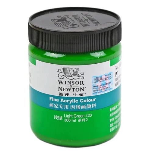 Green jar of Winsor & Newton acrylic paint on a white background